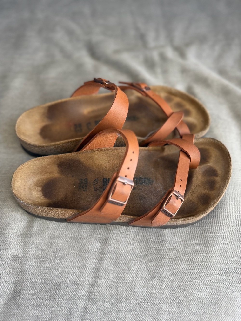 Birkenstock Brown Leather Double Buckle Slide Sandals